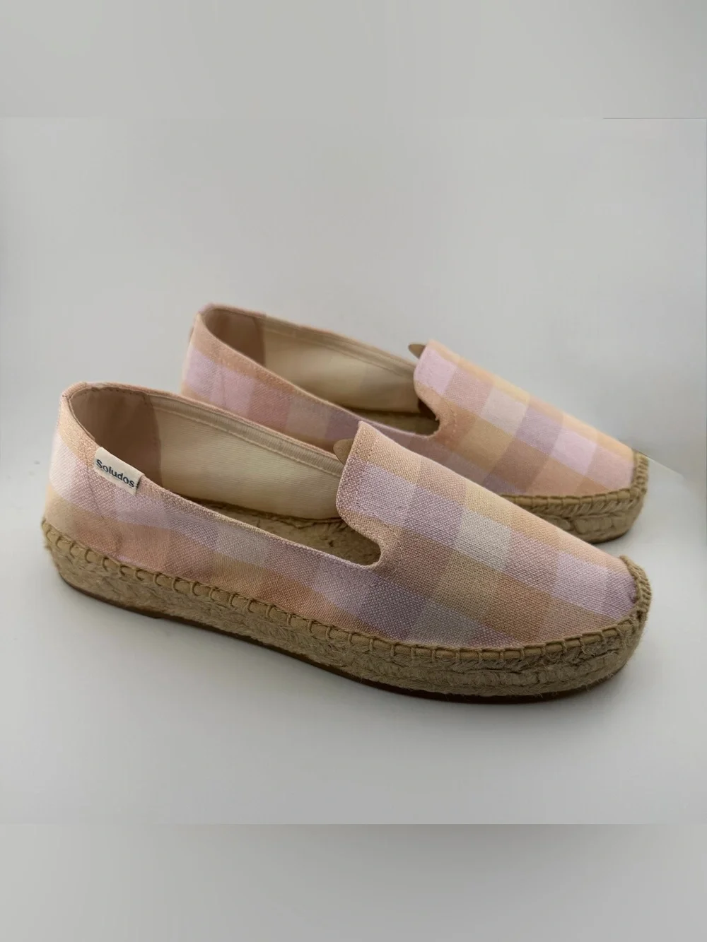 Soludos Pink and Tan Plaid Espadrille Slip-Ons